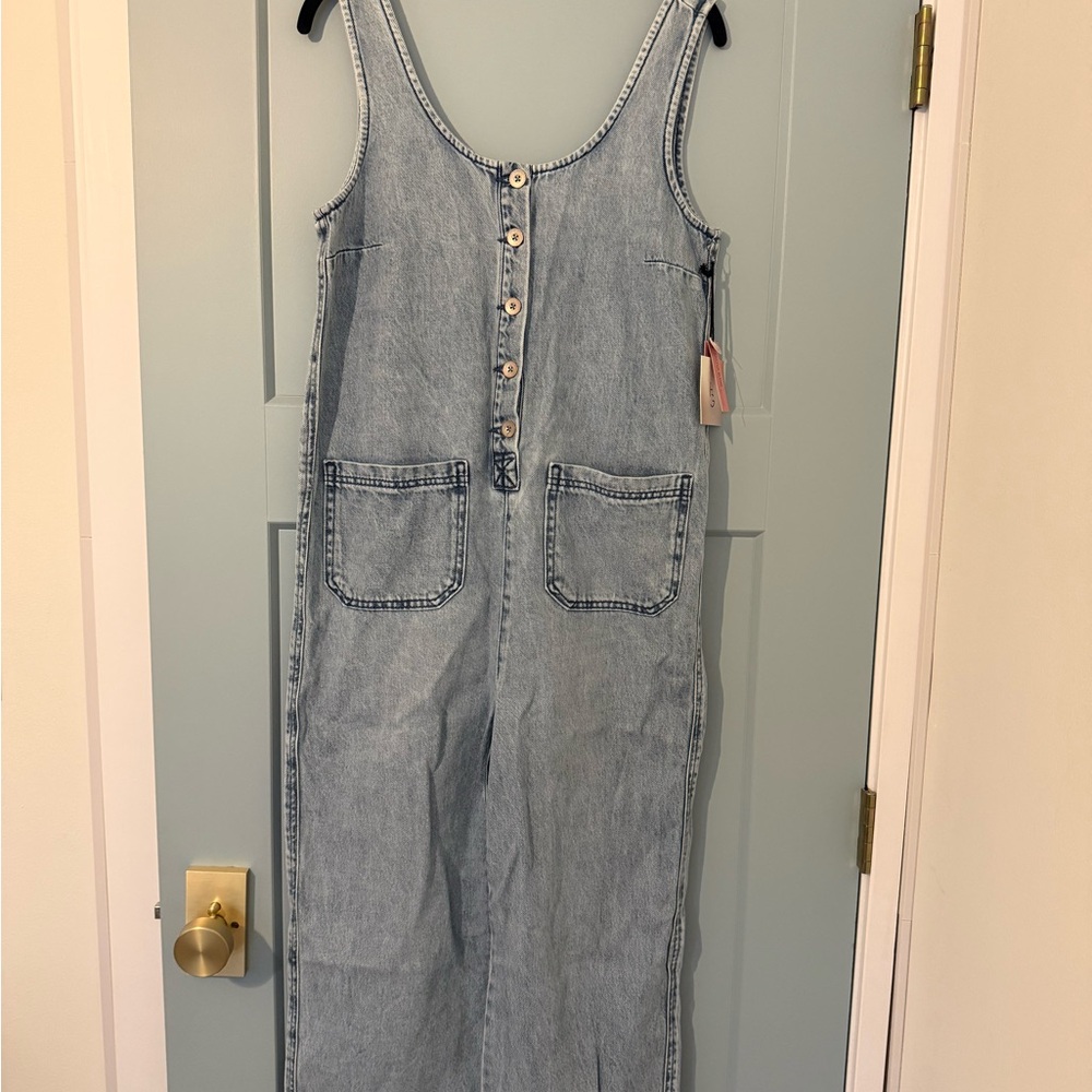 Light Wash Denim Button-Front Jumpsuit